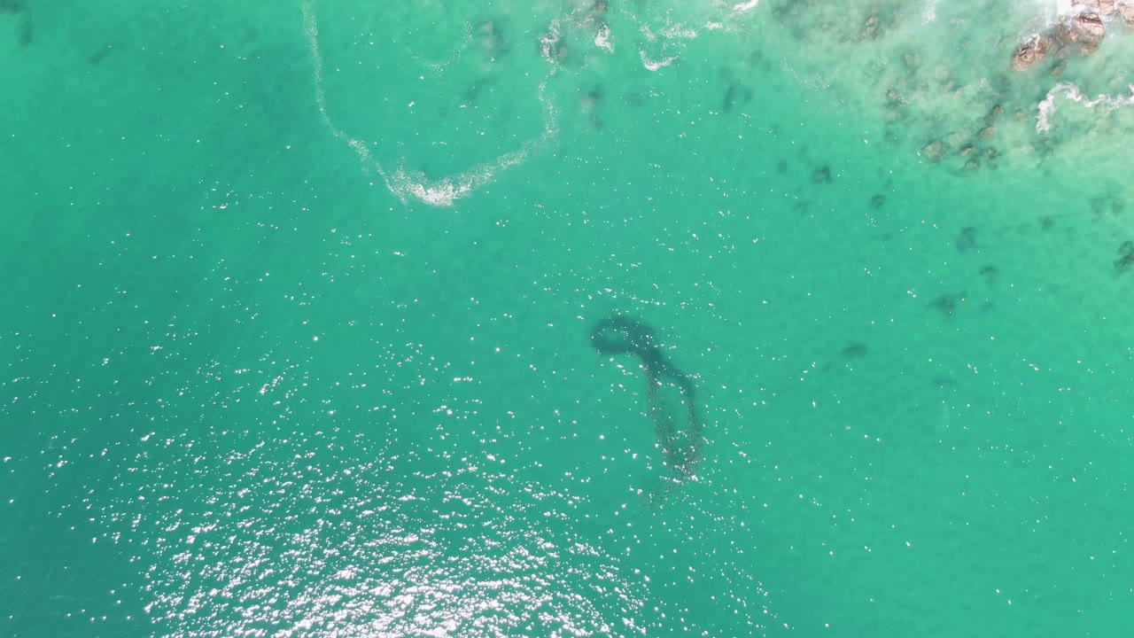 Overhead Buzzards Beach frame with clear turquoise sea, a dark submerged shape below center, faint underwater rocks near the upper edge, and no visible people.