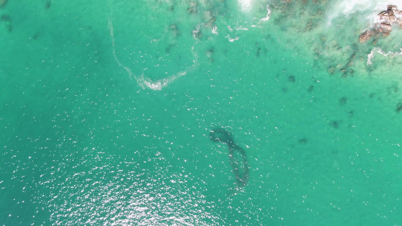 Buzzards Beach aerial frame showing turquoise water, a dark underwater shape, submerged rock patches, white foam near the rocky upper-right edge, and no visible people.