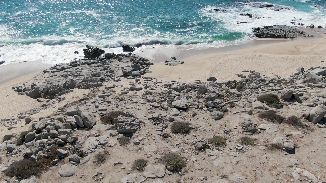 At 0:01, white surf spreads across the upper beach at Buzzards Beach while large gray rocks and small scrub plants fill the lower shore, with no visible people.