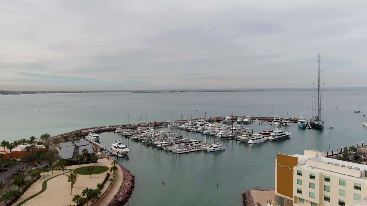 Opening aerial frame over a La Paz marina with rows of docked boats, calm bay water, a palm-lined coastal walkway, a white and tan waterfront building, and no visible people.