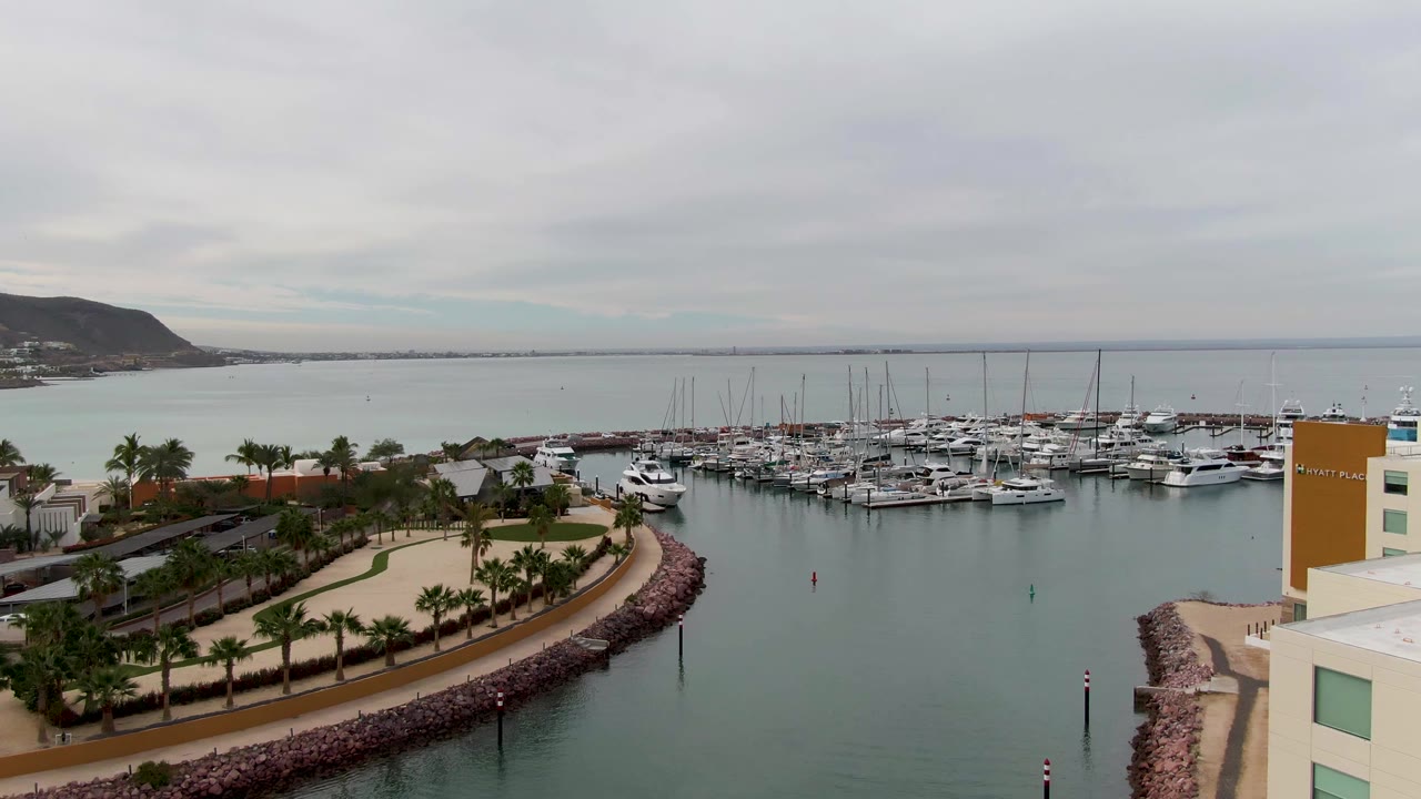 Mid-clip La Paz harbor view with docked yachts across the upper frame, a curved palm-lined waterfront road below, calm water in the foreground, a building corner at right, distant landforms, and no visible people.