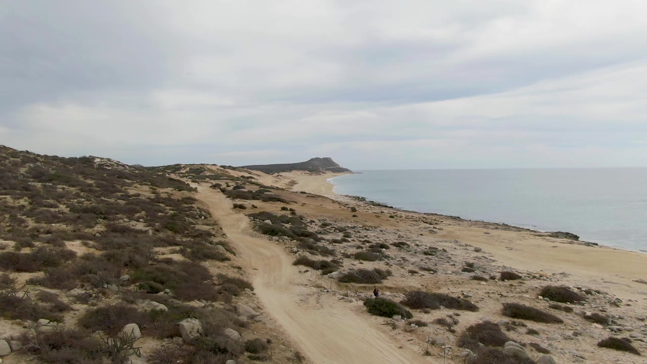 Elevated view of Punta Gorda Beach in Baja California Sur, with a pale dirt path through scrub, sandy shore, calm ocean, distant headland, and tiny people near the lower beach area.