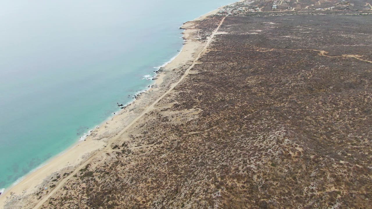 Aerial frame over Punta Gorda Beach BCS, Mexico, with turquoise water at left, a pale sand strip and dirt road along the shore, dry scrubland inland, and no visible people.