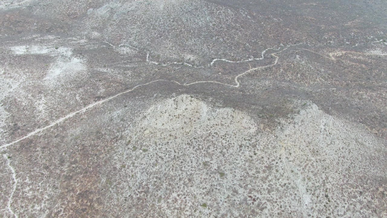 Overhead desert landscape with a pale path curving through sparse scrub.