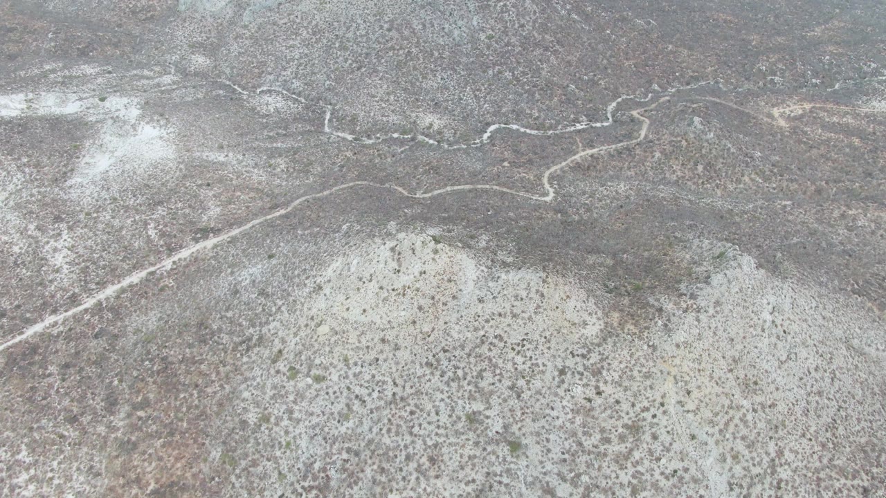 High overhead frame from Punta Gorda Beach, Baja California Sur, showing a pale dirt road crossing gray-brown desert scrub with no visible people.