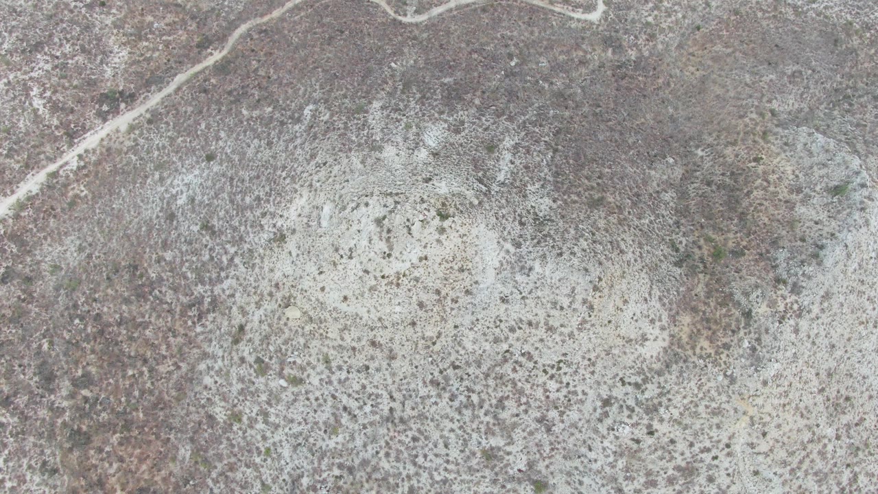 Overhead frame from Punta Gorda Beach, Baja California Sur, with the pale playa centered lower in view, mottled brown and gray scrub around it, and no visible people.