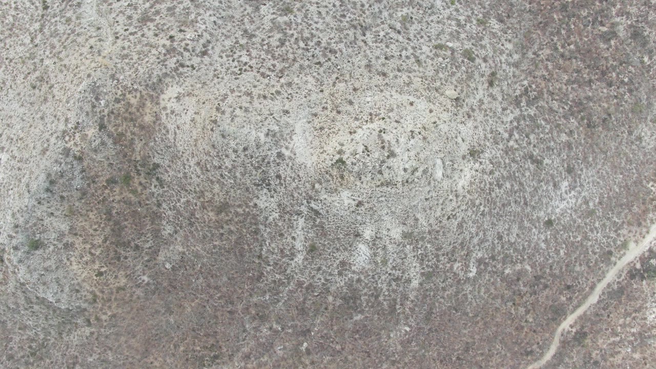 Overhead view of Punta Gorda Beach arid terrain with mottled rocky soil, scattered low vegetation, the pale track along the right side, and no visible people.