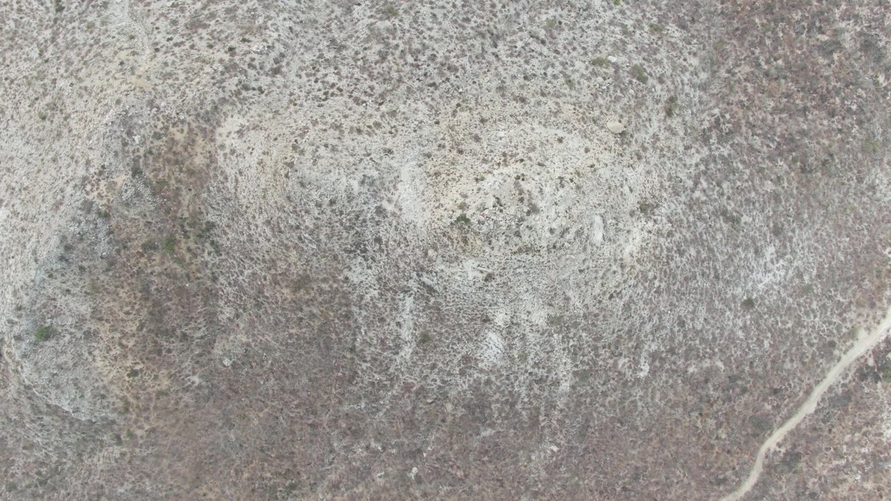 Top-down rocky desert-like ground with pale patches, scrub, and no people visible.