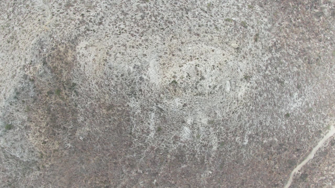 Overhead dry terrain with mottled rock, scrub, and a faint path.