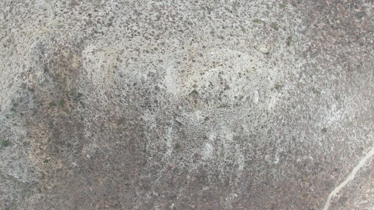 Opening frame of a gray-white weathered stone surface at Punta Gorda Beach, Baja California Sur, with dark speckling, faint markings, and no visible people.
