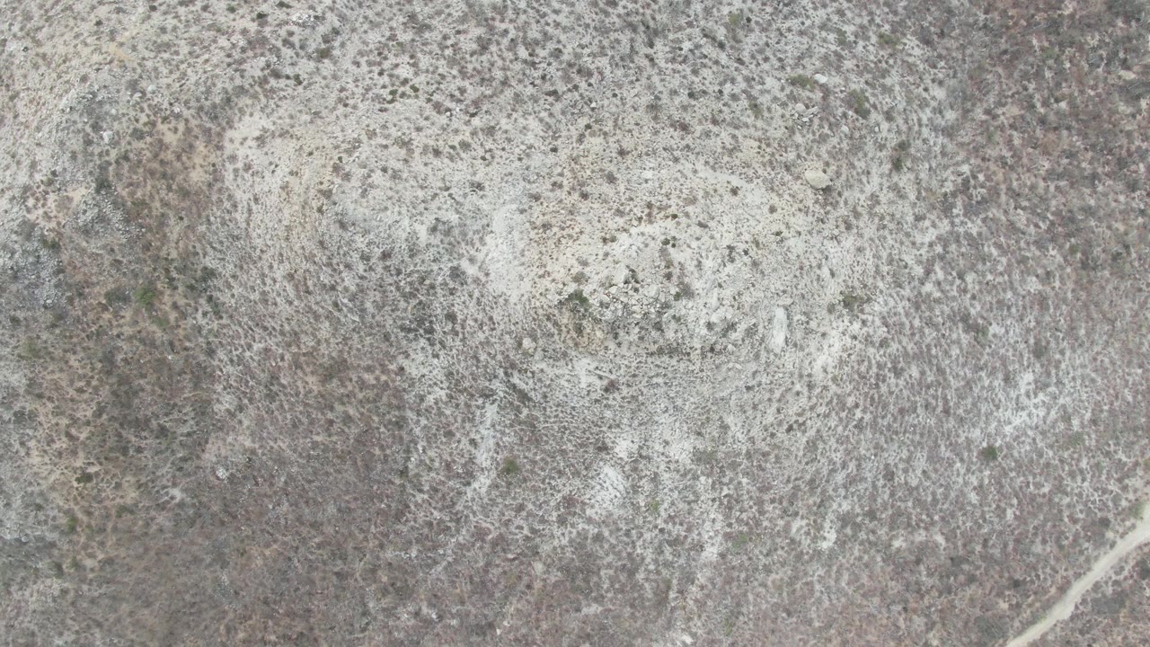 Overhead view of arid ground at Punta Gorda Beach, Baja California Sur, with mottled gray-brown soil, scattered dry vegetation, and no visible people.