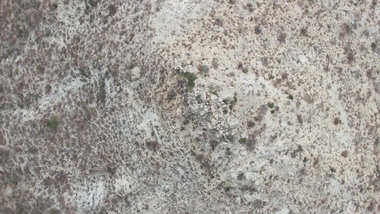 Top-down view of pale desert soil with scrub and rock clusters.