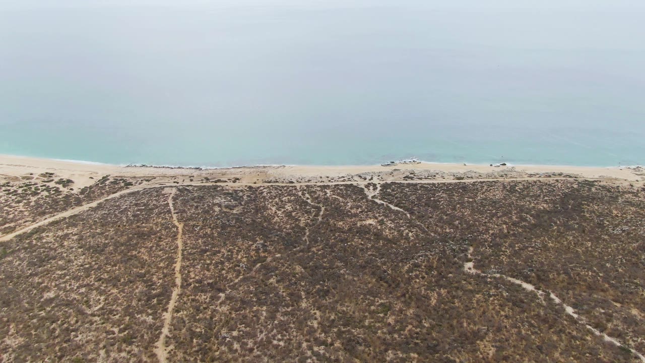 Aerial frame from Punta Gorda Beach, Baja California Sur, with a central sandy path crossing scrubby dunes toward the beach and calm light blue water, with no visible people.