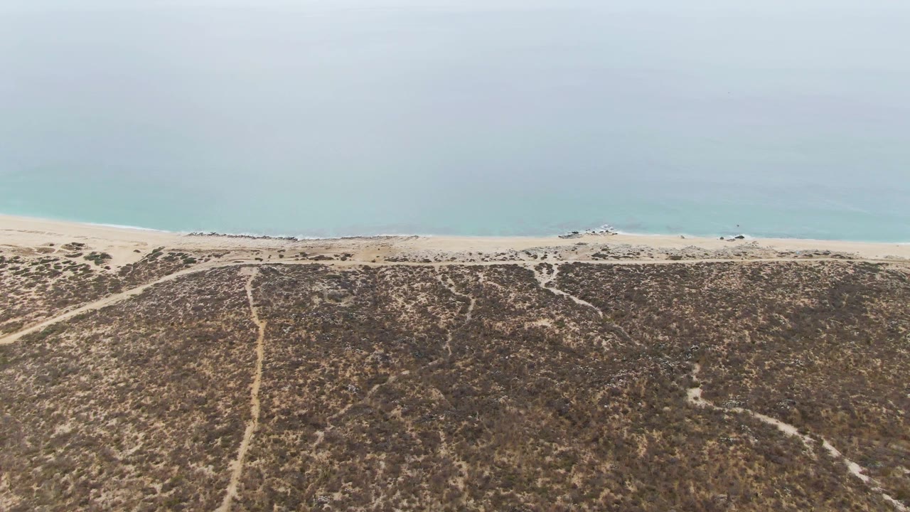 Aerial frame from Punta Gorda Beach, Baja California Sur, where pale tracks cut through brown coastal dunes toward a narrow beach and muted turquoise ocean, with no visible people.