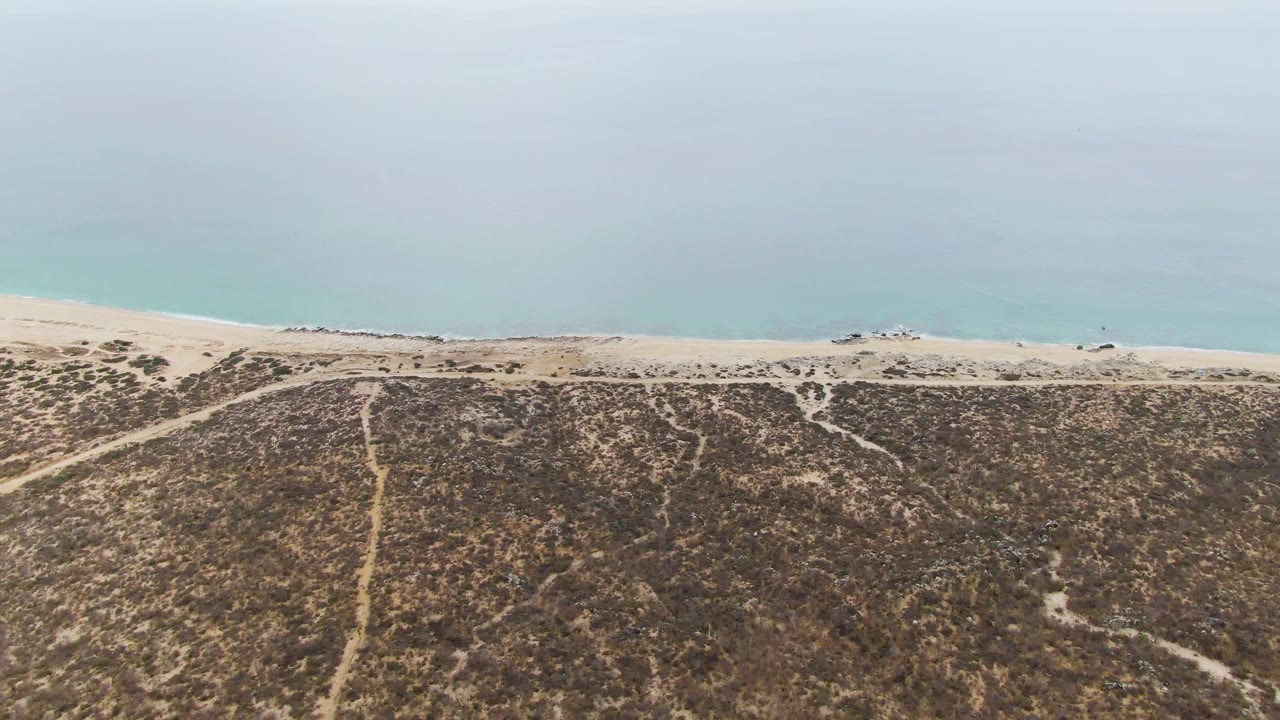 Aerial frame over Punta Gorda Beach, Baja California Sur, showing scrub-covered dunes with pale tracks below a narrow sandy shore and calm turquoise ocean.