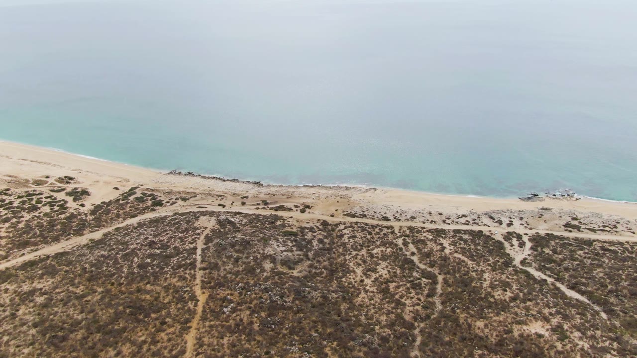 Aerial frame over Punta Gorda Beach in Baja California Sur showing pale blue water, a narrow sandy shore, scrubby dunes, branching paths, and tiny distant beachgoers.
