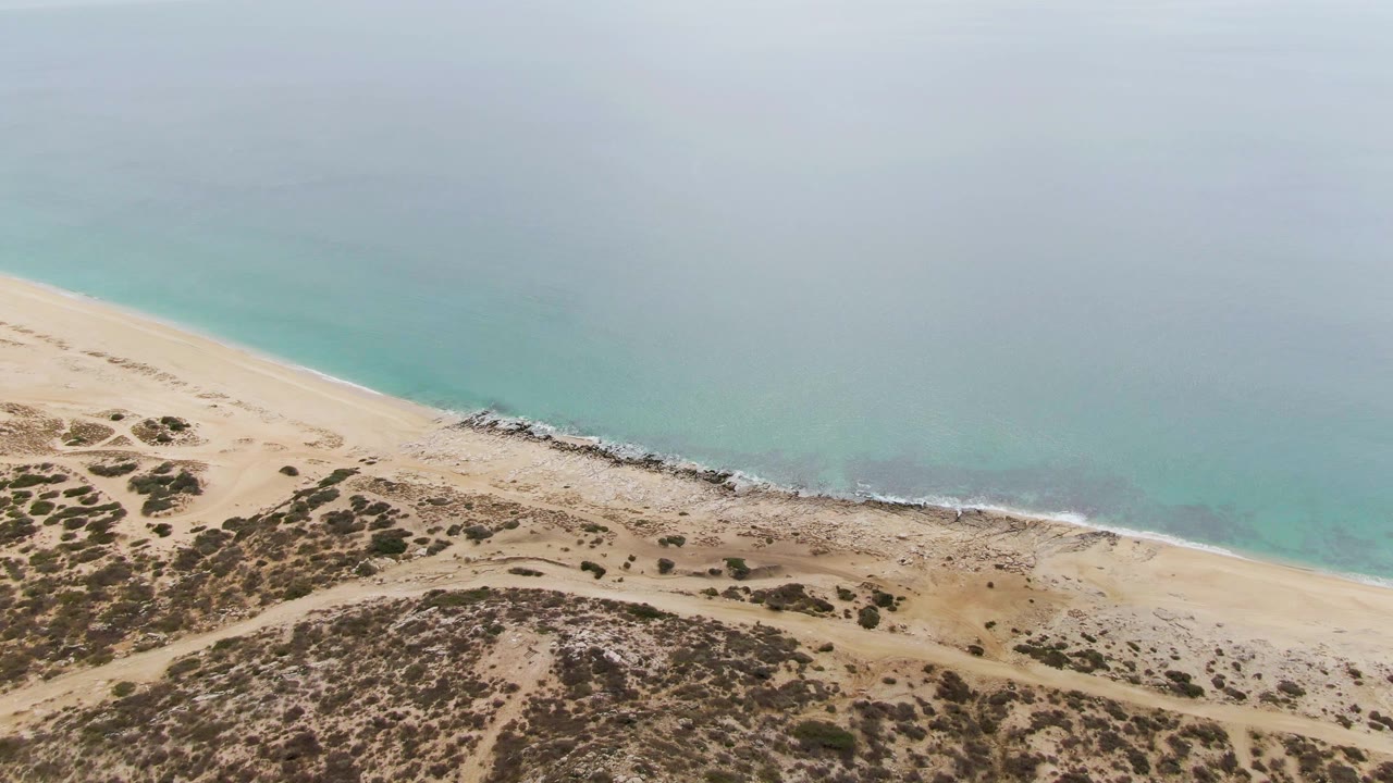 Aerial frame at Punta Gorda Beach showing the shoreline angled across the image, with dune shrubs in the lower half, clear water in the upper half, and no visible people.