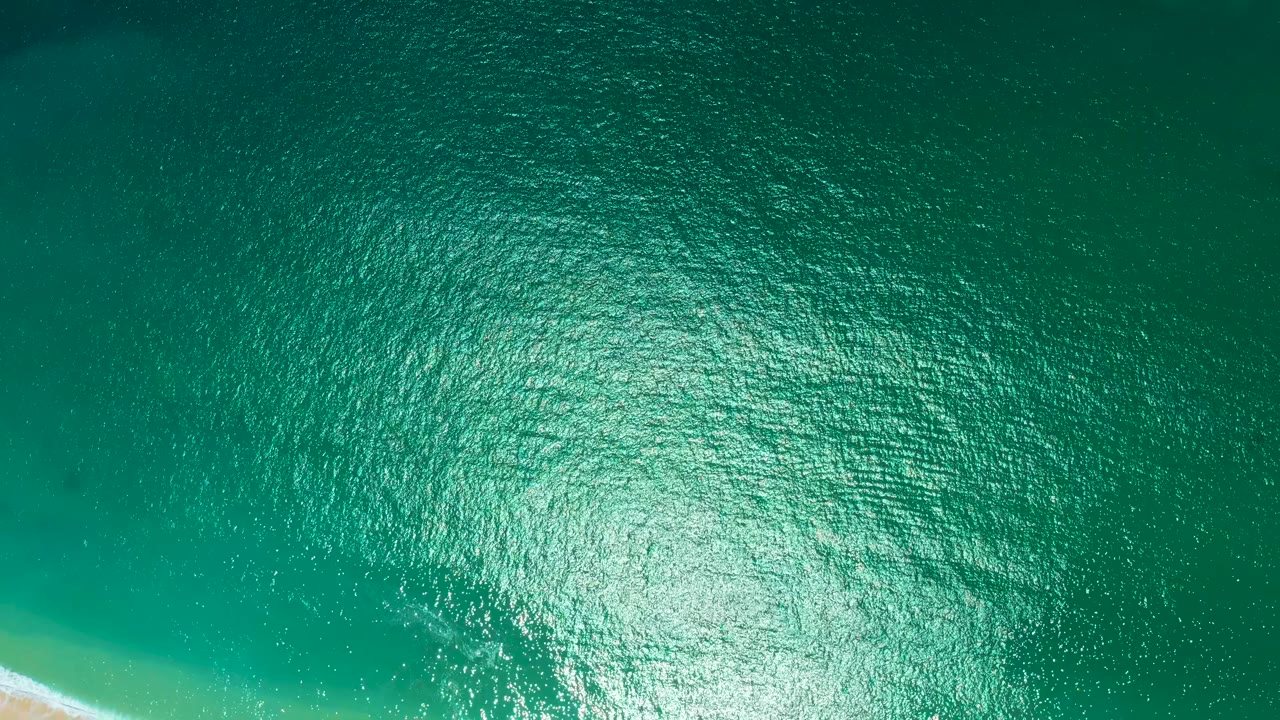 Drone view looking nearly straight down at turquoise-green ocean water near Marquis Los Cabos, Mexico, with a thin strip of sandy beach at the lower-left edge; no people visible