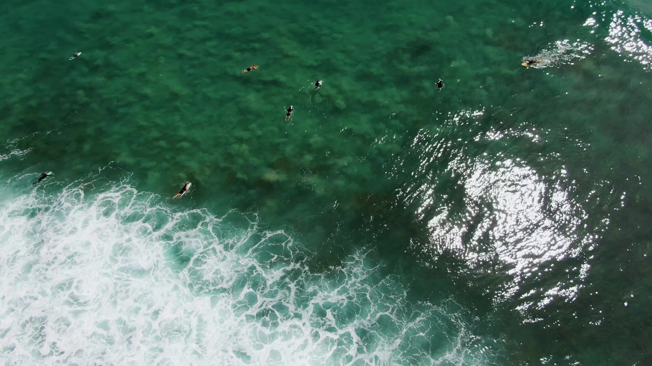 Overhead view of surfers spread across turquoise water at Punta Gorda Beach, with white wave foam entering along the lower left edge.