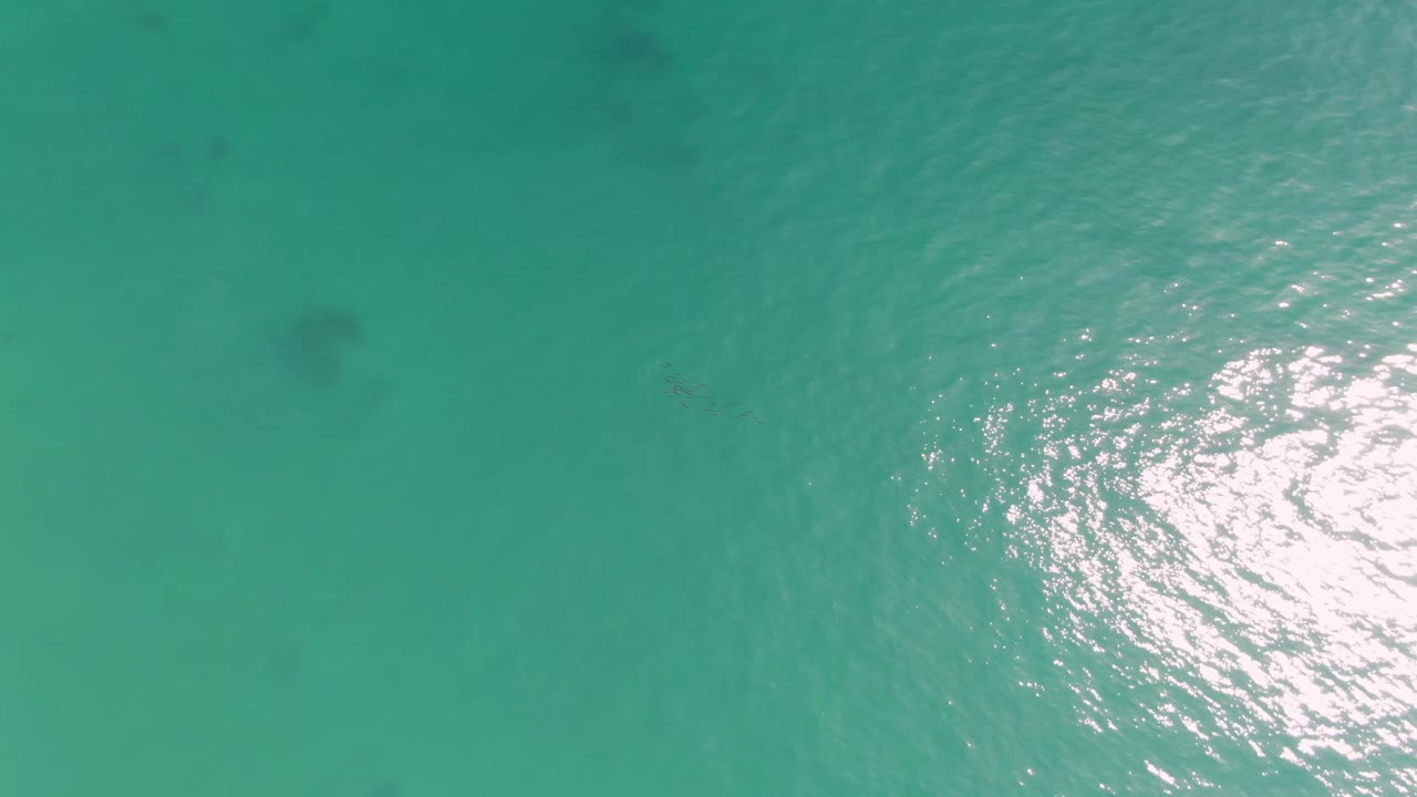 Clear turquoise ocean at Punta Gorda Beach from above, with faint darker shapes under the surface and sun glare entering from the right side.