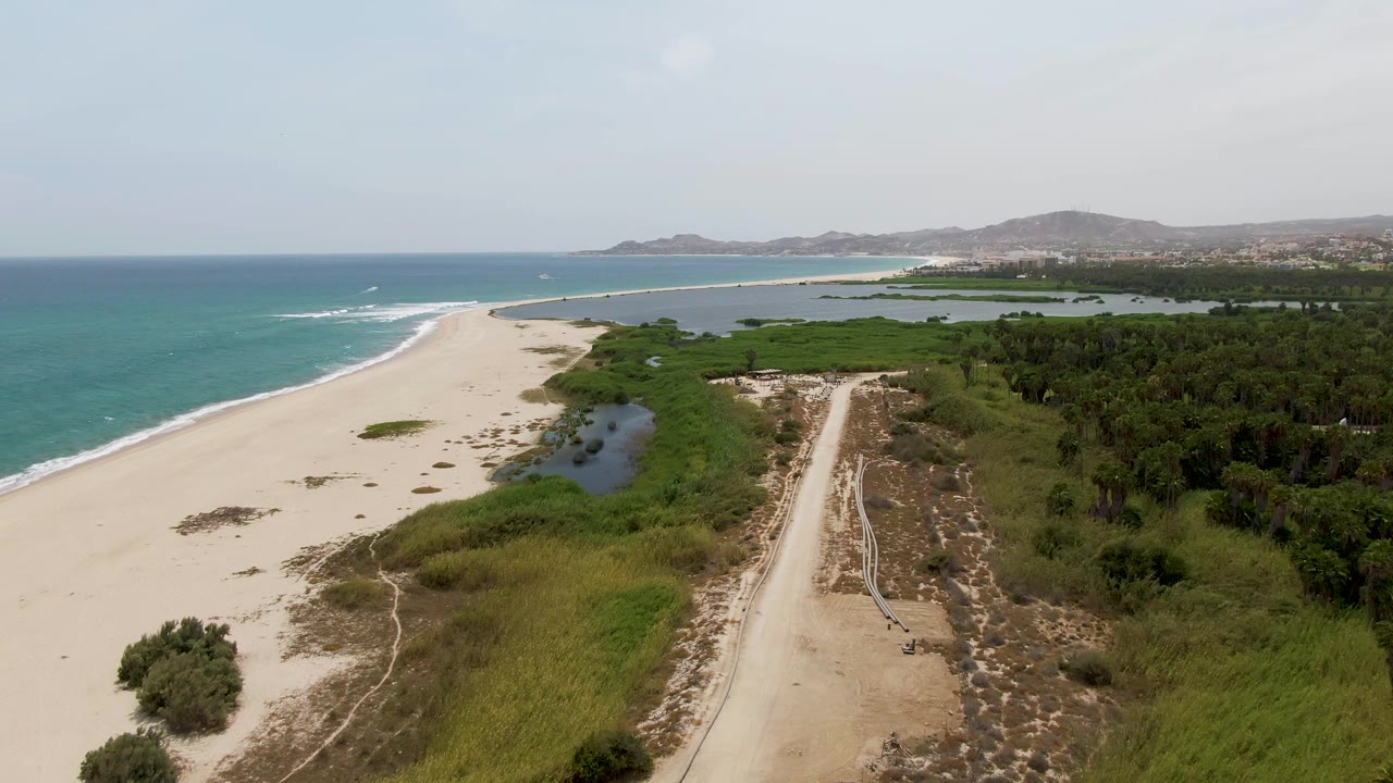 Aerial shoreline with empty sand, blue-green ocean, dunes, brush, and a dirt path.