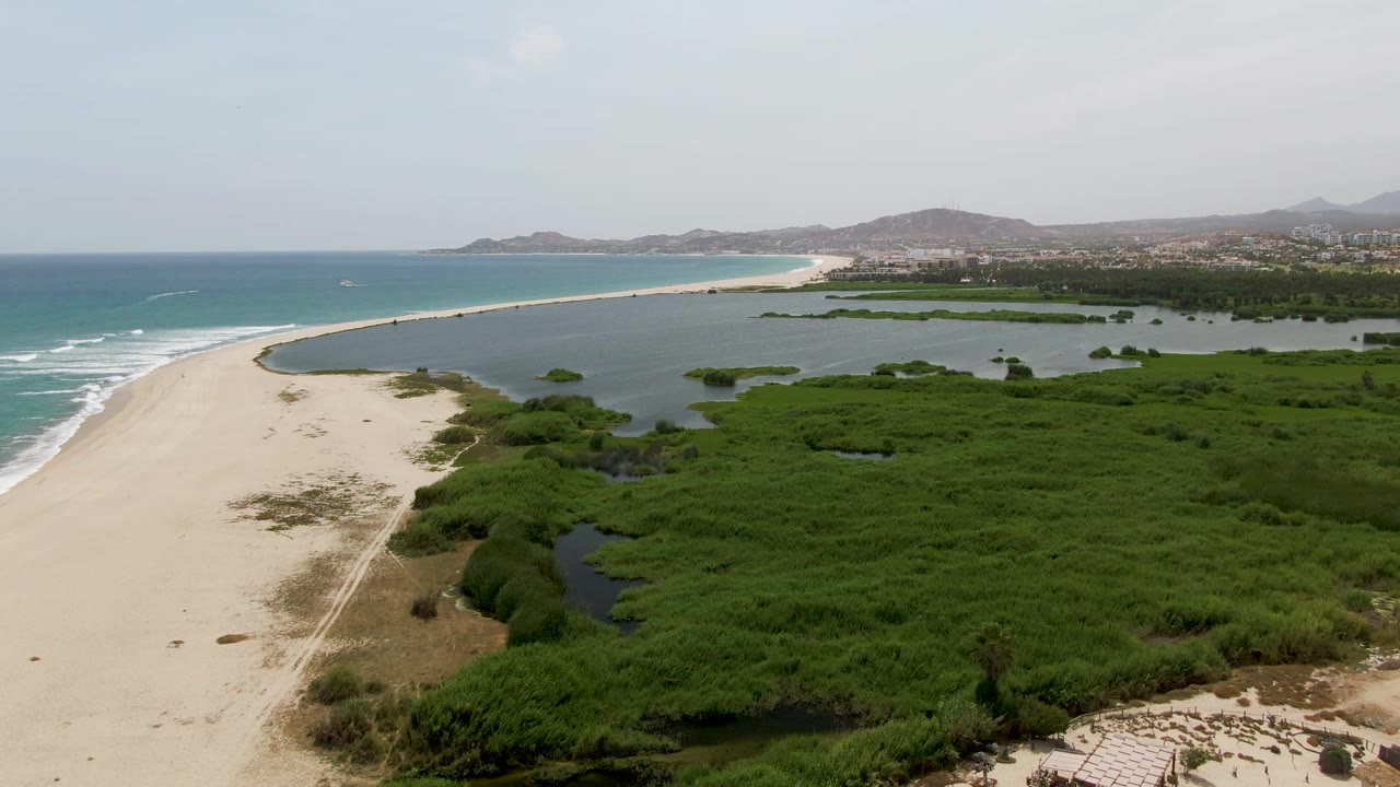 Aerial view of sandy beach beside ocean, lagoon, and green mangroves