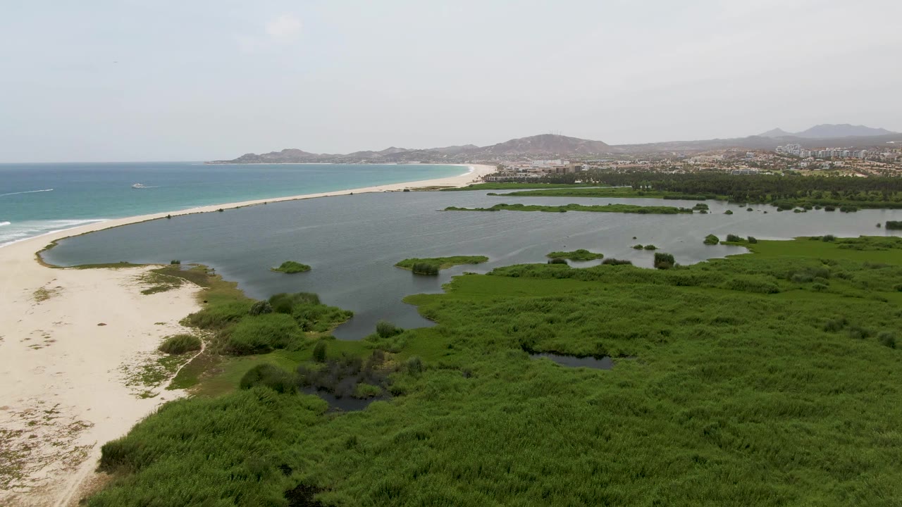Aerial frame over Puerto Los Cabos Beach showing a pale sandy shore beside dark lagoon water, dense green wetland vegetation, turquoise ocean beyond, hazy mountains in the distance, and no visible people.