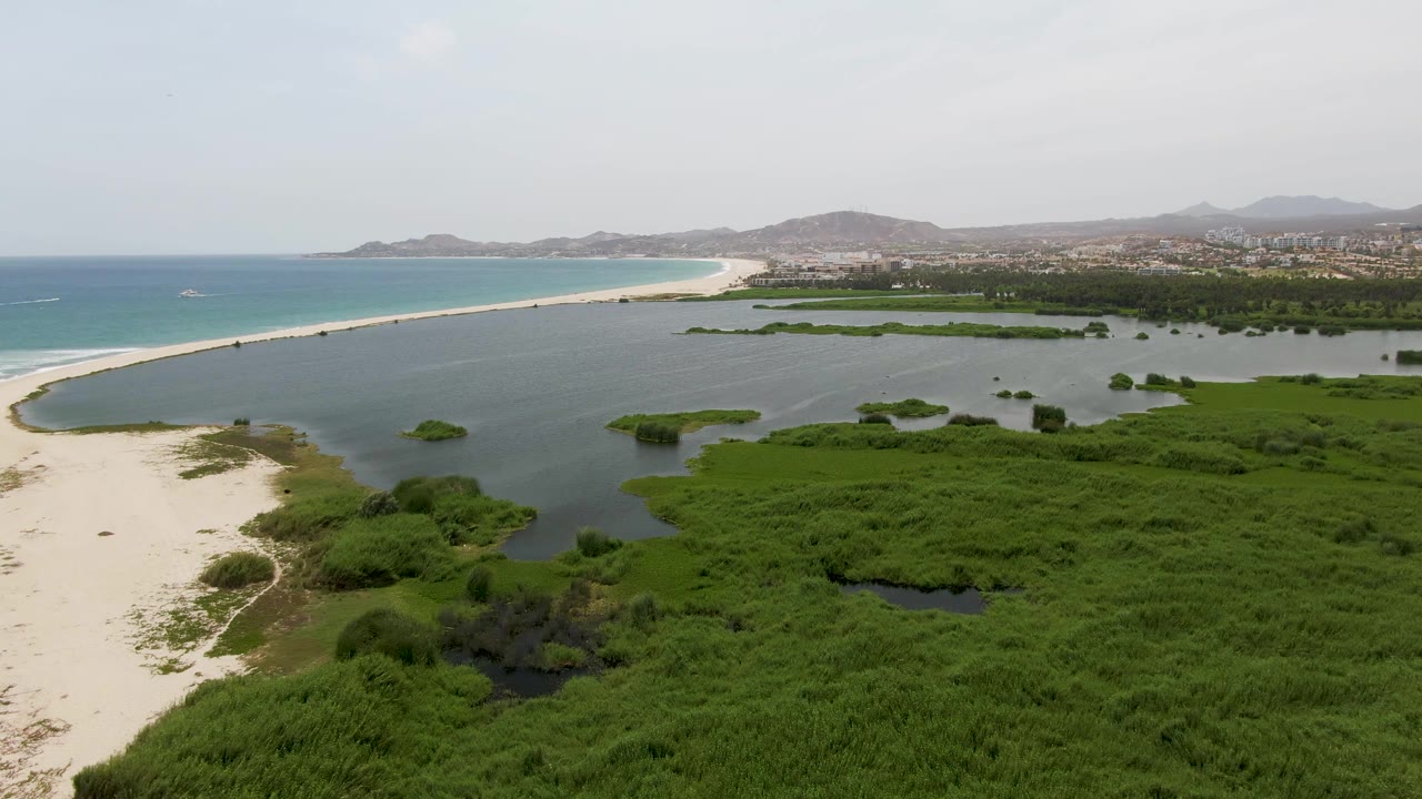 Drone-style aerial frame at Puerto Los Cabos Beach with a curved sandbar on the left, dark lagoon water through the center, green marsh vegetation in the foreground, ocean on the horizon, and no visible people.