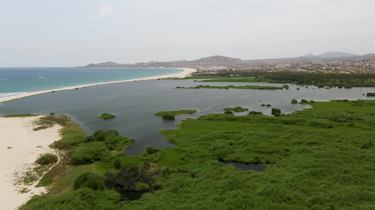 Wide aerial frame over Puerto Los Cabos Beach with the sandy beach stretching along the left, lagoon and marsh islands in the middle, dense green vegetation in the foreground, distant mountains, and no visible people.