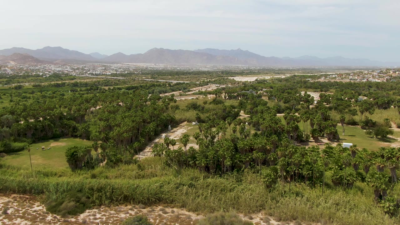 Wide drone view in Puerto Los Cabos Beach, Baja California Sur with more of the green valley centered, pale road lines crossing the midground, distant city, mountains, and no visible people.