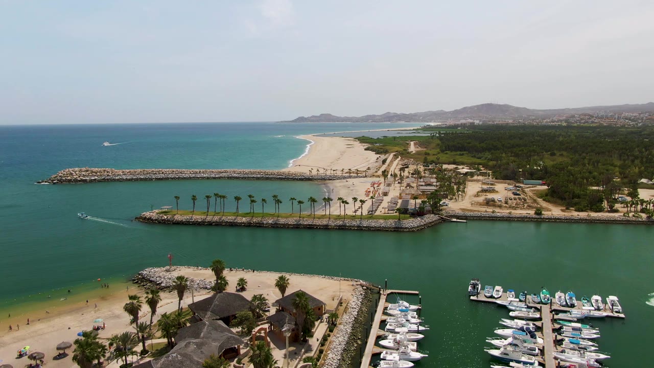 Wide aerial coastal view with marina docks, boats, palms, and sandy shoreline.