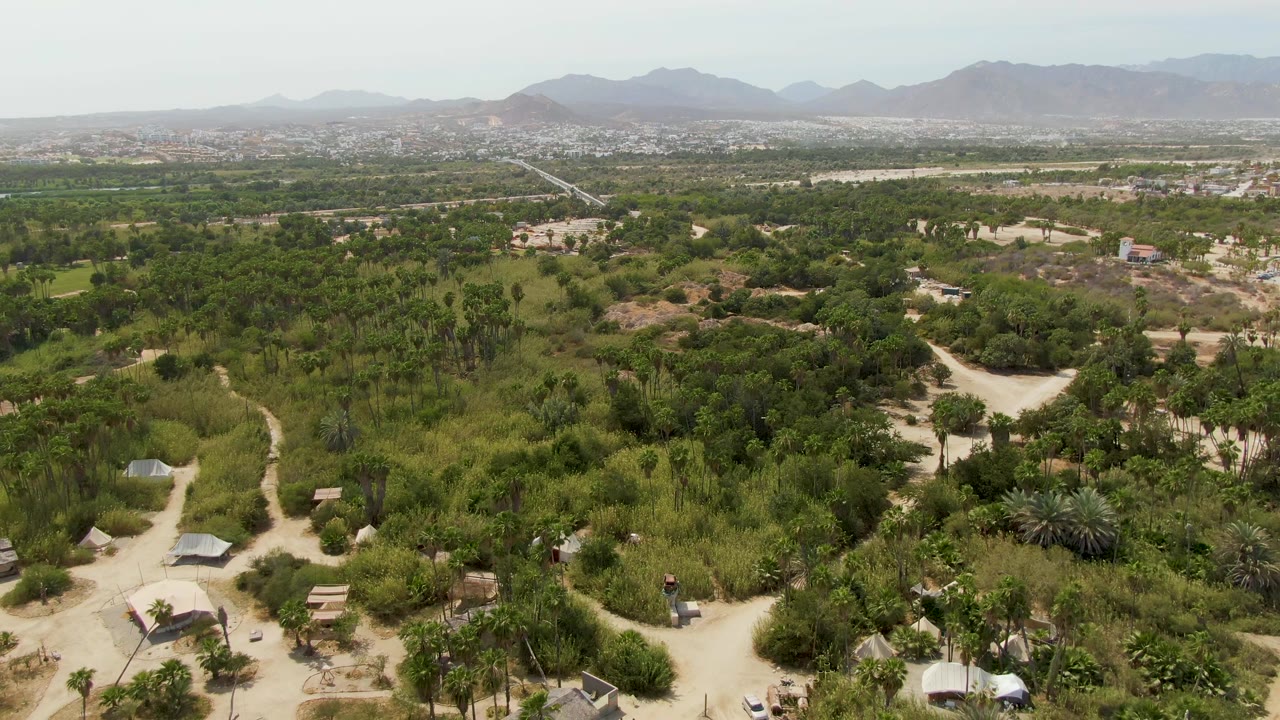Puerto Los Cabos Beach aerial frame with green fields and palms, sandy access roads, several small structures, a distant urban edge, hazy hills, and no visible people.