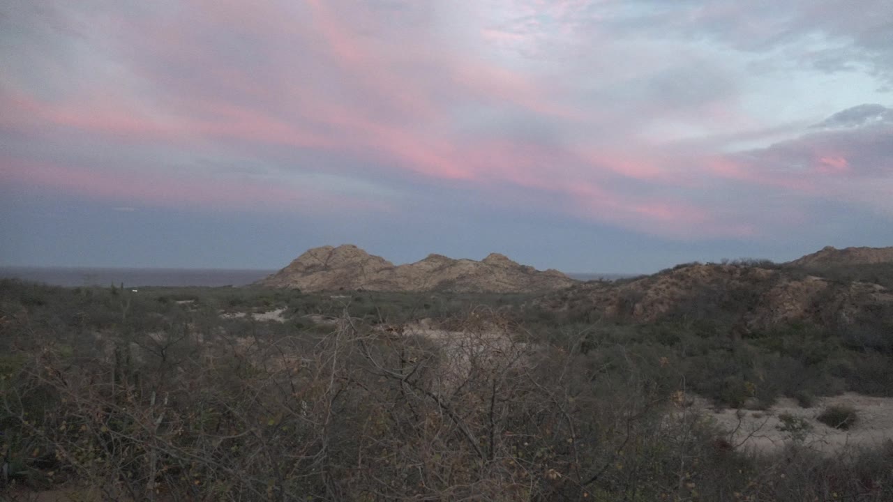 Wide Cabo Pulmo desert view with dry foreground vegetation, low rocky hills, pink and purple clouds, and no visible people at the start of the clip.