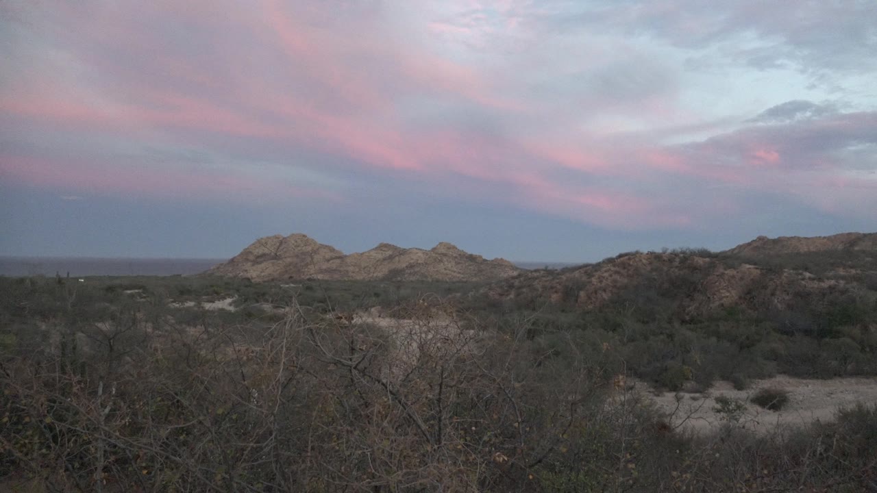 Wide view in Cabo Pulmo showing sparse bushes, dark dry brush, low rocky ridges, pastel pink clouds, and no visible people near the mid-clip moment.