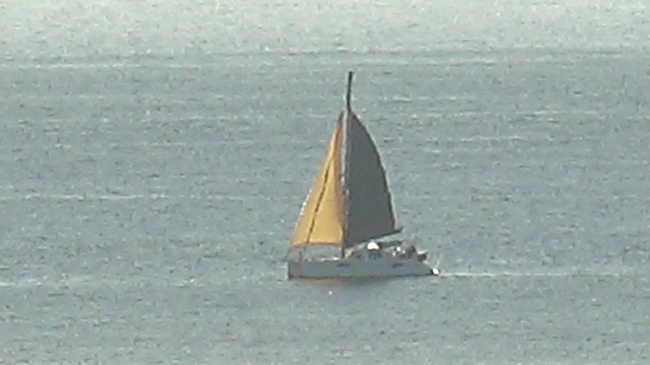 Sailboat with yellow and dark sails on calm ocean water