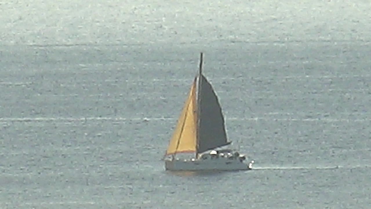 The sailboat sits slightly farther across the calm Cabo Pulmo water, its yellow sail catching light while the dark sail side stays in shadow and no people are visible.