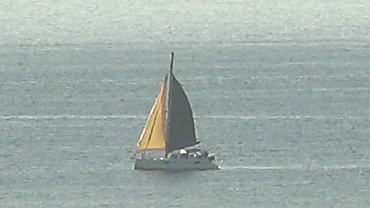 The sailboat sits farther right in the frame on Cabo Pulmo water, its yellow sail lit against a darker sail and no visible people aboard.