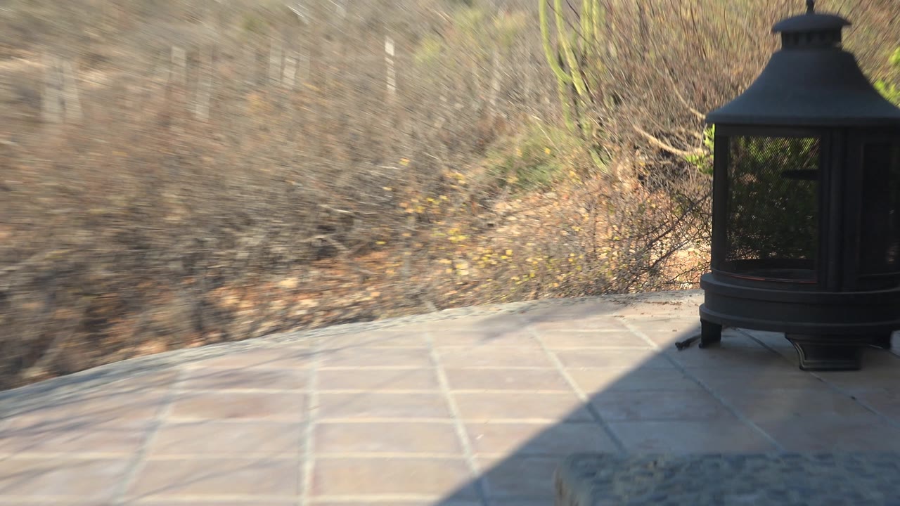 A black outdoor lantern stands on the Cabo Pulmo tiled patio beside dry brush and cactus, with a strong triangular shadow crossing the foreground and no visible people.
