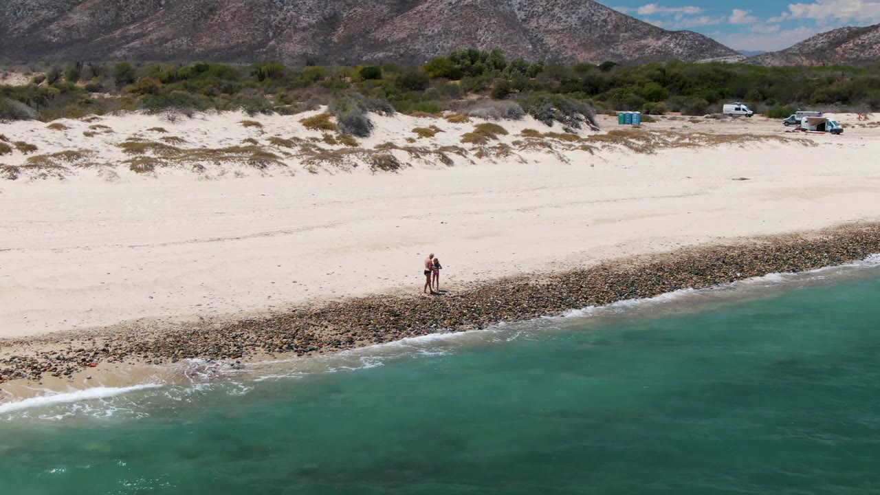 At Barakas Beach in Baja California Sur, the two walkers appear slightly farther right along the rocky band while a small wave line curls into the turquoise water at the lower left.