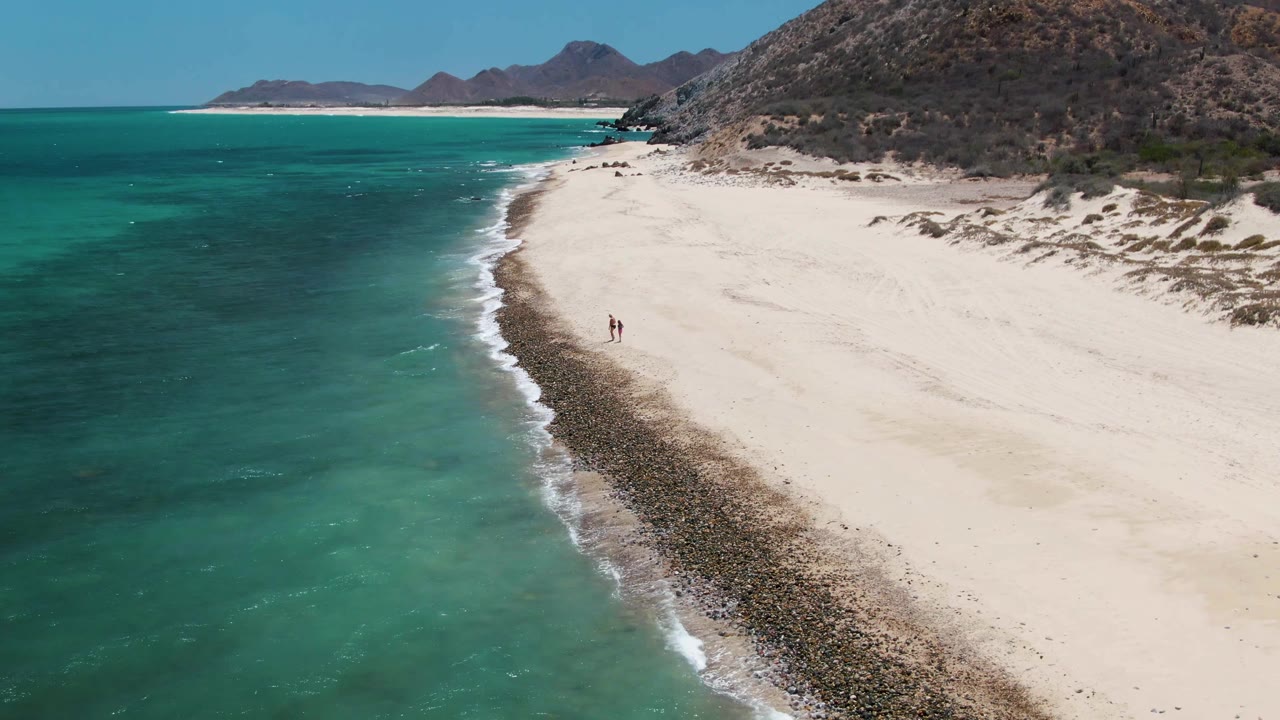 High aerial view of a white beach with turquoise water and two walkers near the shore.