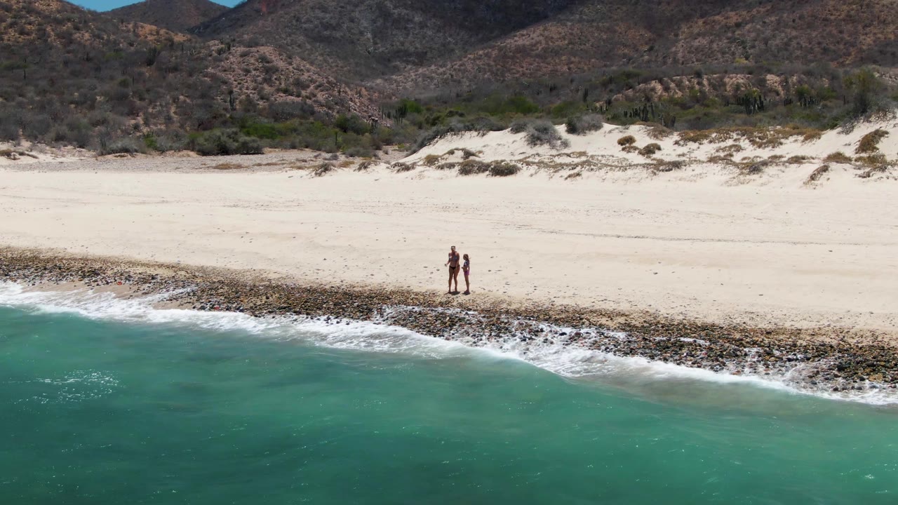 Two people on pale sand above a turquoise shoreline