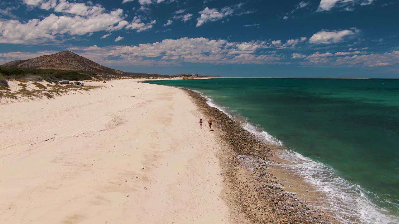 Aerial view at Barakas Beach, Baja California Sur, with two people walking on pale sand near a narrow surf line and turquoise ocean to the right.