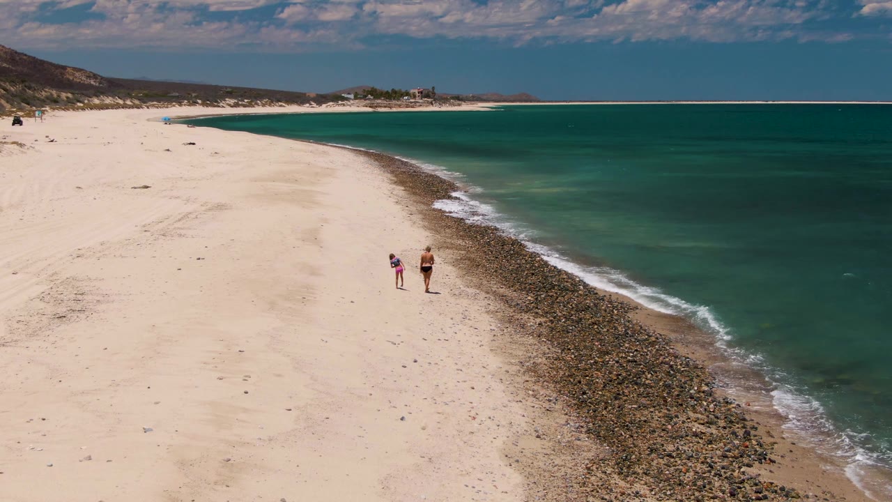 Adult and child walking beside waves on a broad sandy shore.
