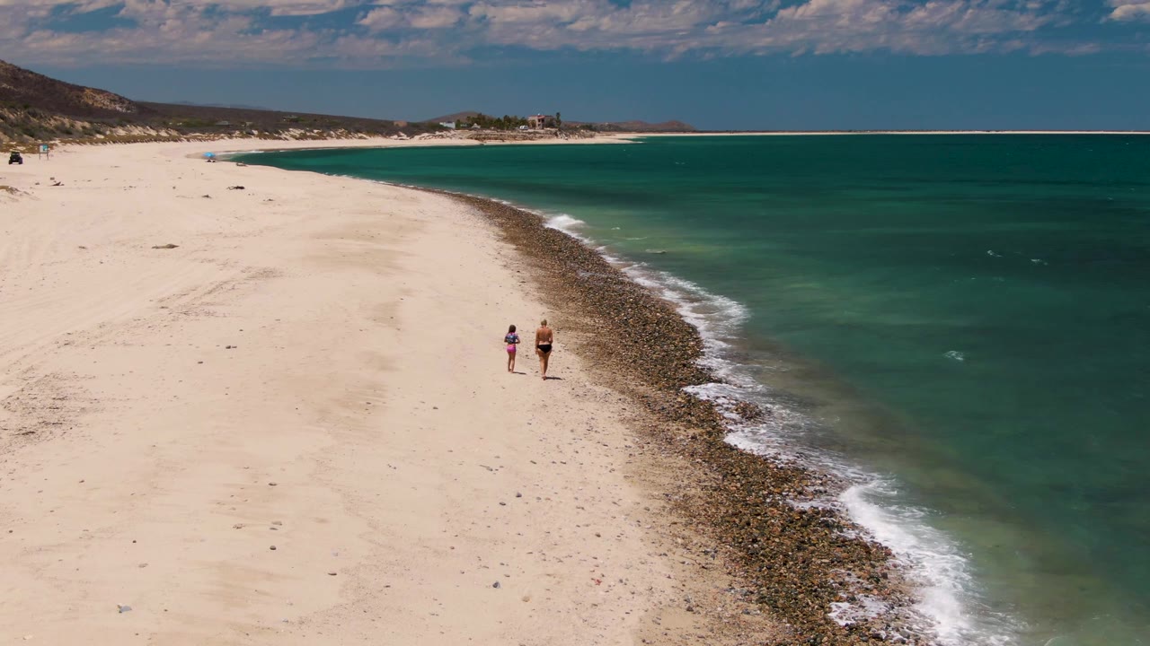 Aerial view of two people walking along Barakas Beach in Baja California Sur, with pale sand on the left, a rocky shoreline strip, and turquoise ocean on the right.