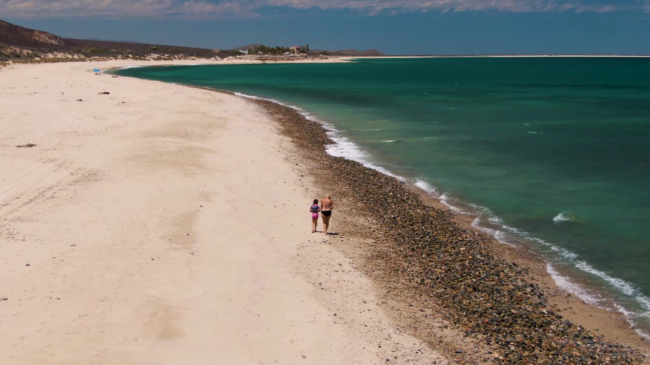 Two people on pale sand near a rocky strip with turquoise ocean to the right.
