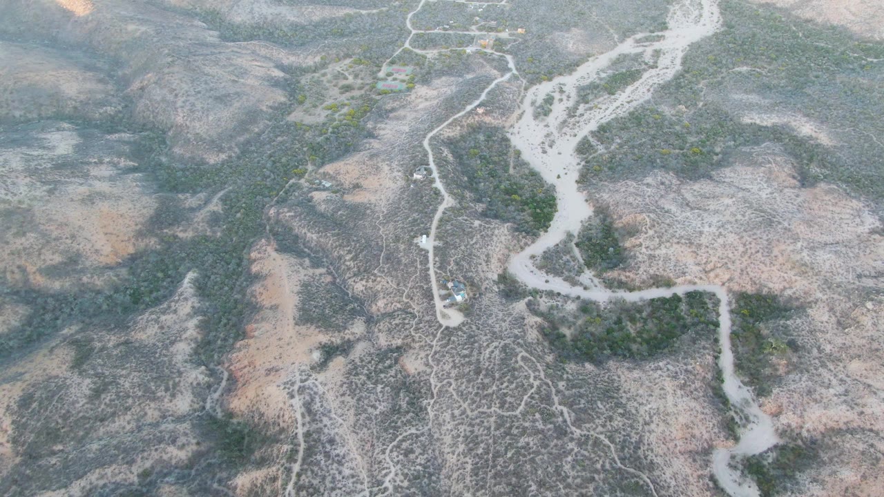 Top-down drone frame over Cabo Pulmo desert where a light dirt road bends through scrubby green patches and textured gray earth, with no visible people.
