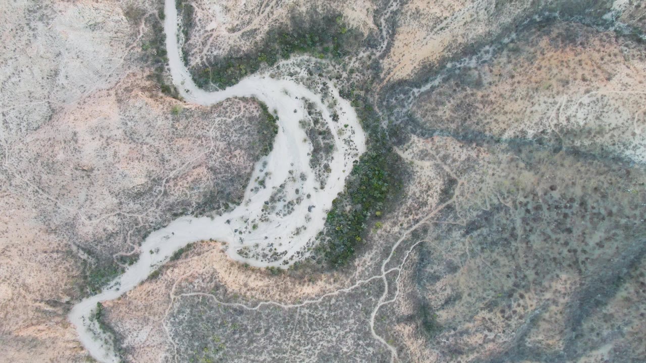 Top-down aerial frame from Cabo Pulmo, Baja California Sur showing the exposed riverbed, branching pale drainage marks, dry scrub patterns, and no visible people.