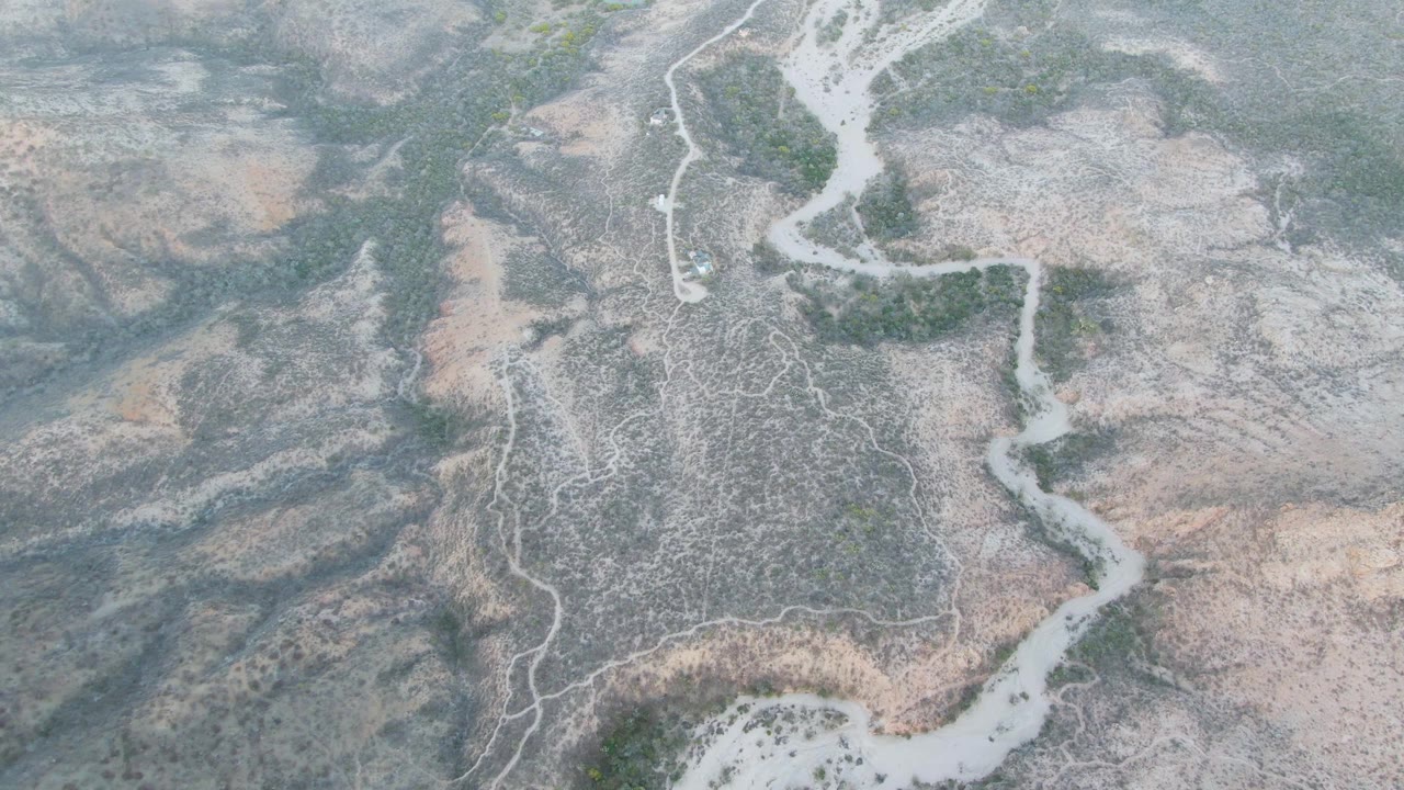 Overhead view of a pale dry riverbed crossing cracked gray and tan terrain near Cabo Pulmo, Baja California Sur, with sparse green shrubs and no visible people.