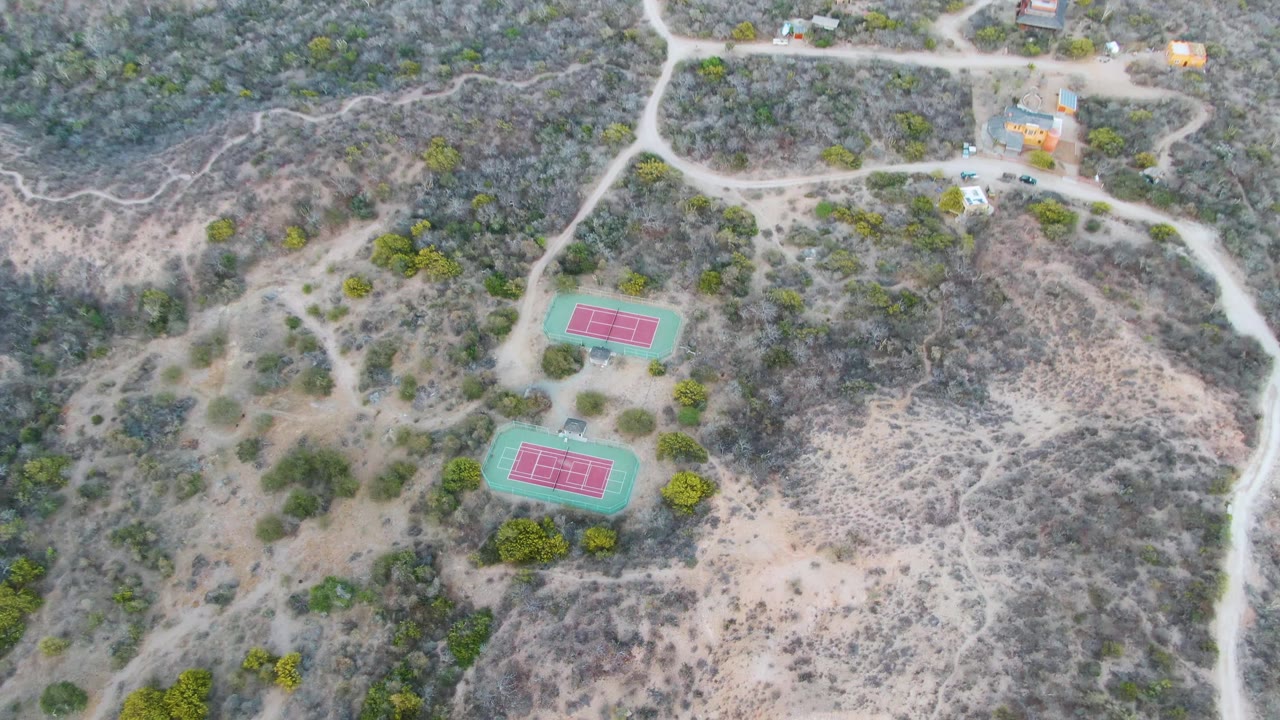 Overhead view in Cabo Pulmo, Baja California Sur showing two red and green tennis courts beside pale dirt roads, sparse trees, and dry scrub, with no visible people.