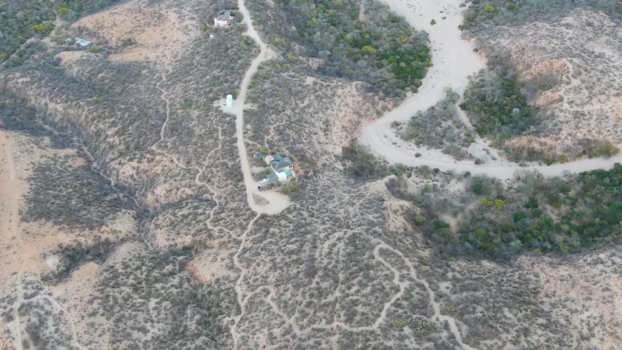 A Cabo Pulmo aerial frame with the winding road branching through dry scrub, a small vehicle on the route, green vegetation patches, and no visible people.